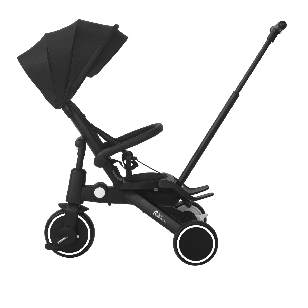 Xplor Ultimate 6 in 1 Foldable Trike in Jet Black shown from the side with the canopy extended over the seat