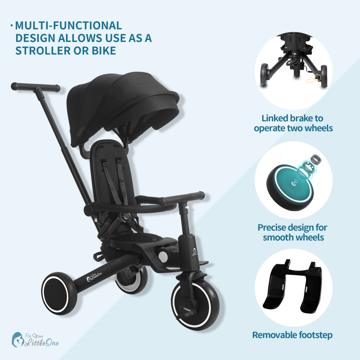 Xplor Ultimate 6 in 1 Foldable Trike in Jet Black highlighting the adjustable parent handle, canopy and comfort features