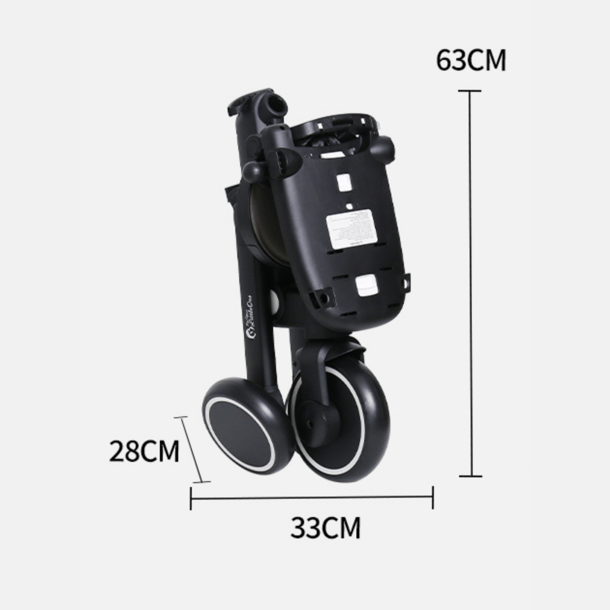 Xplor Ultimate 6 in 1 Foldable Trike in Jet Black showing its compact folded dimensions for storage