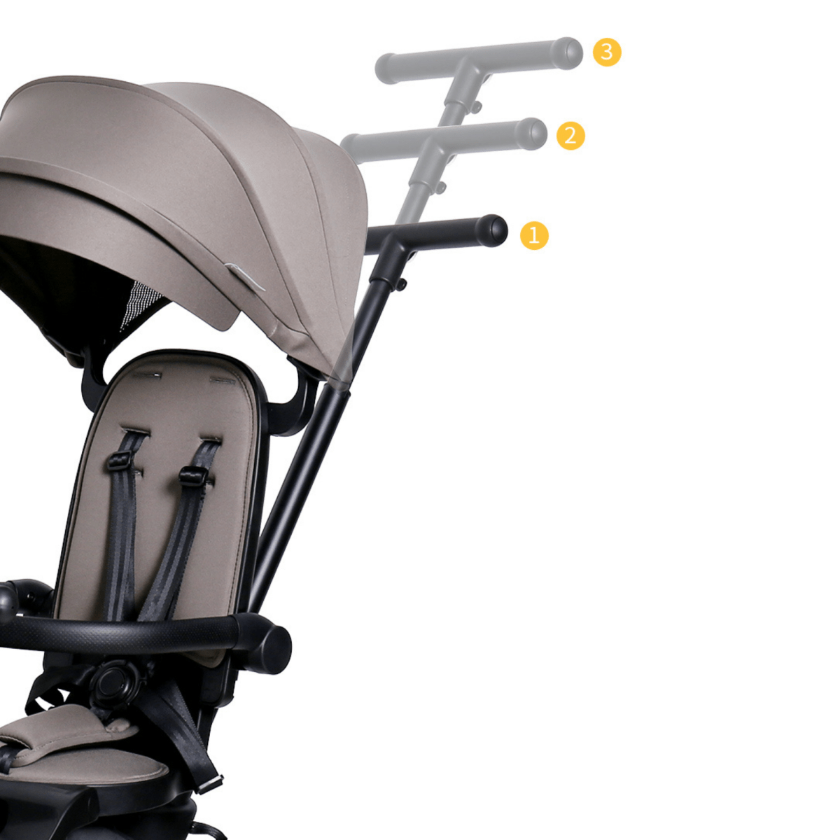 Xplor Ultimate 6 in 1 Foldable Trike in Jet Black showing the height-adjustable parent handle
