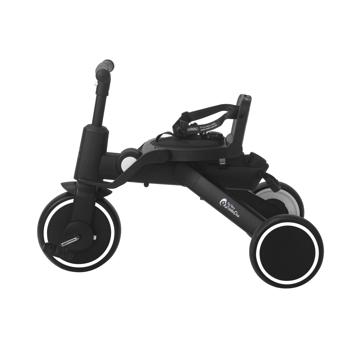 Xplor Ultimate 6 in 1 Foldable Trike in Jet Black shown in a low riding configuration with pedals and rear wheels