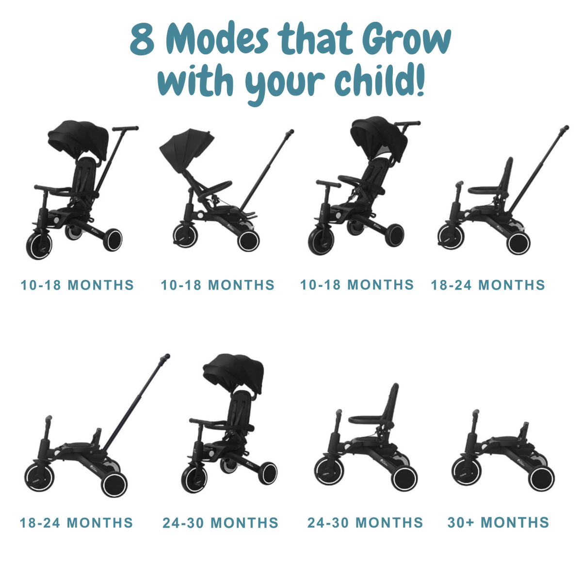 Xplor Ultimate 6 in 1 Foldable Trike in Jet Black showing the different configurations designed to adapt as your child grows