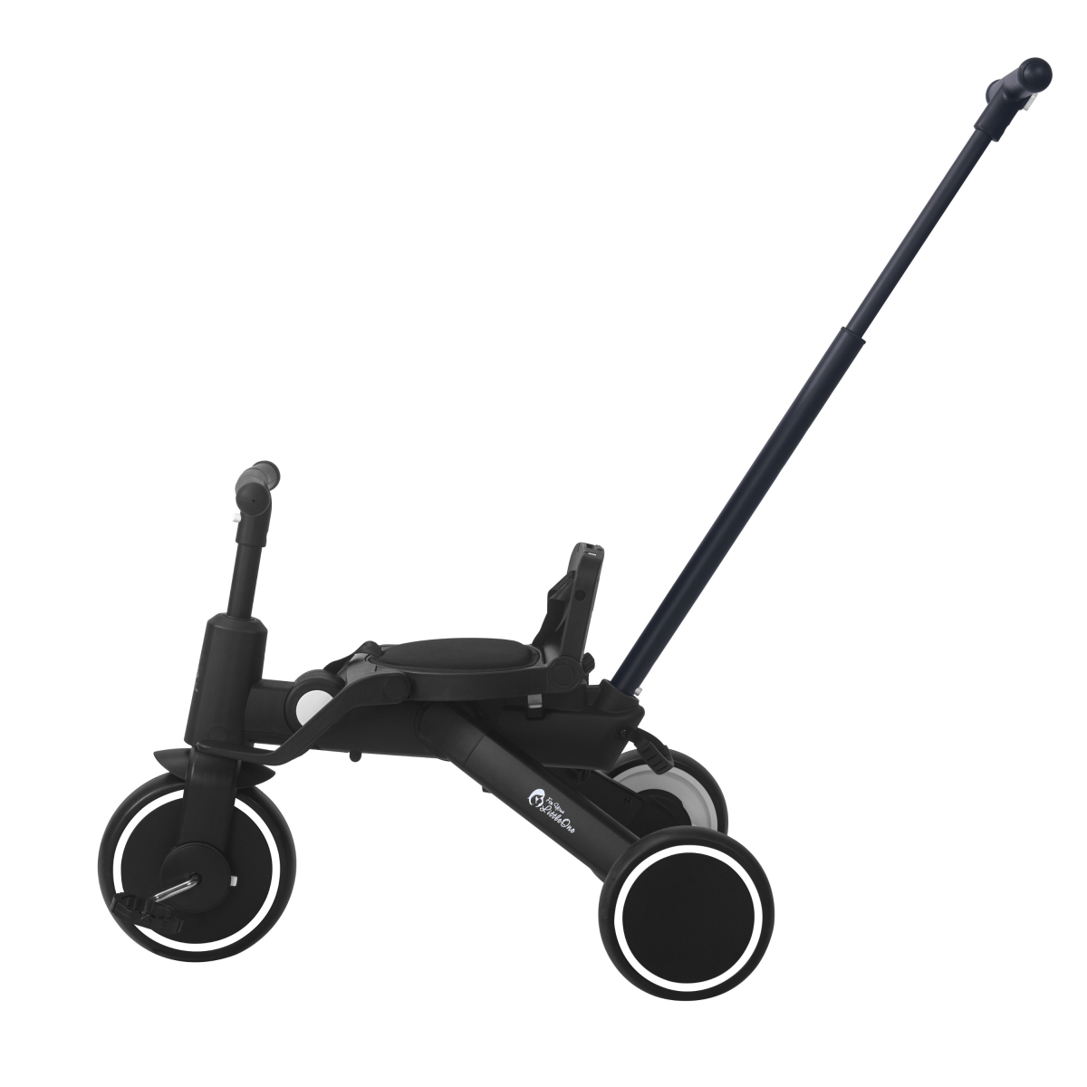 Xplor Ultimate 6 in 1 Foldable Trike in Jet Black showing the open frame, wheels and parent handle