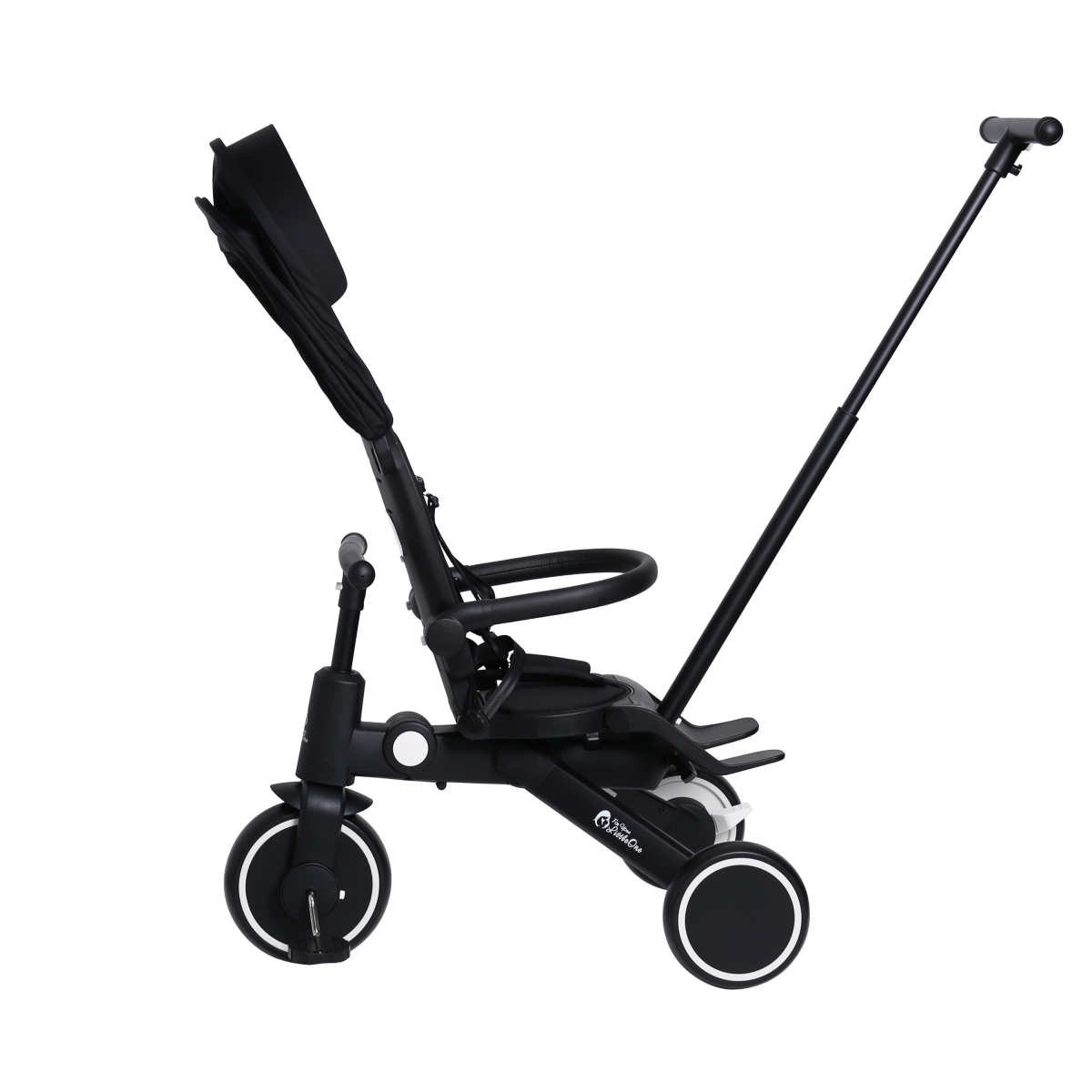 Xplor Ultimate 6 in 1 Foldable Trike in Jet Black shown with open seat, footrests and parent handle