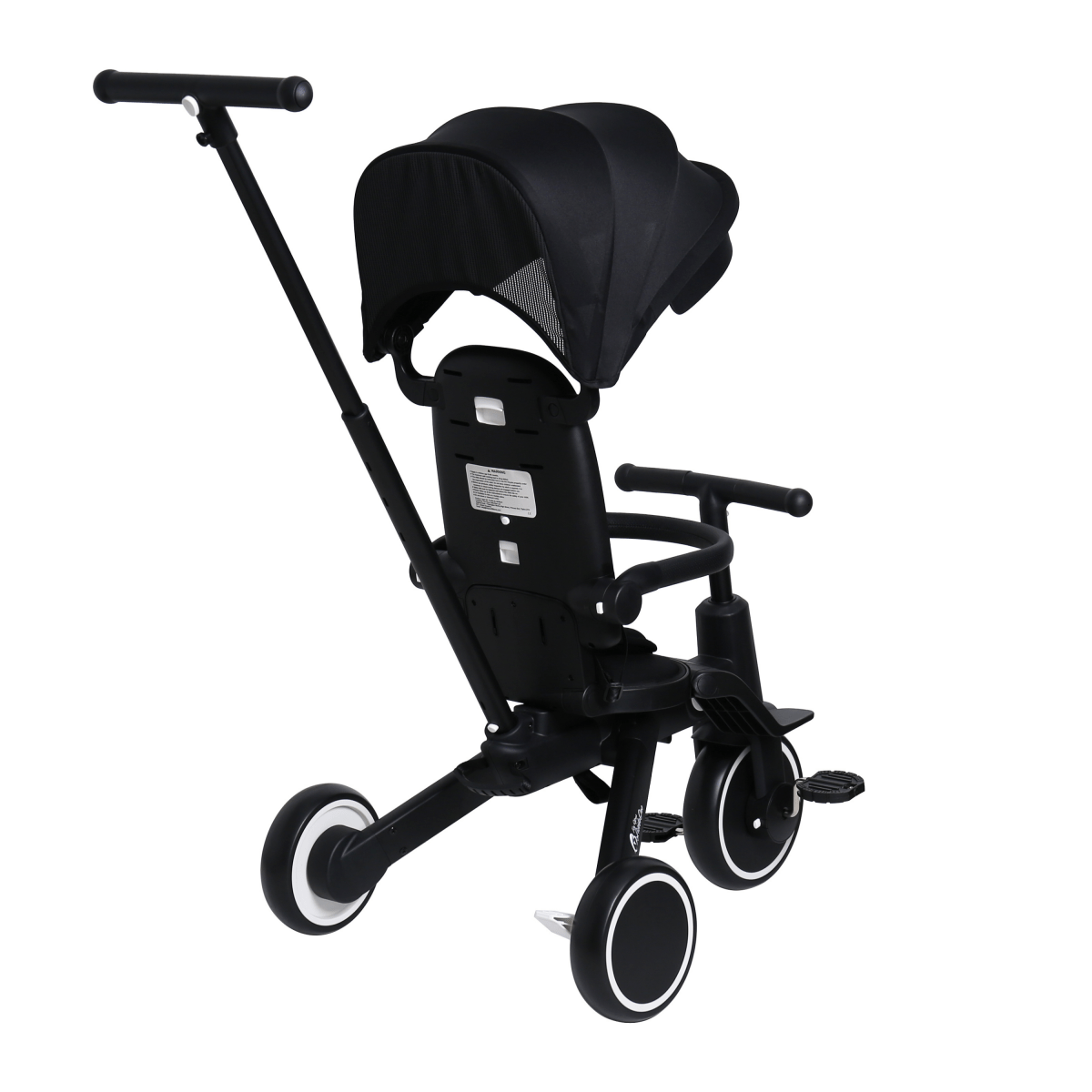 Xplor Ultimate 6 in 1 Foldable Trike in Jet Black shown from the side in an open configuration with parent handle