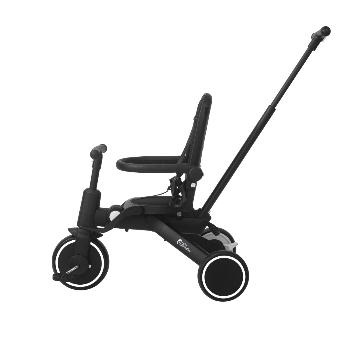 Xplor Ultimate 6 in 1 Foldable Trike in Jet Black shown in an open configuration with parent handle fitted