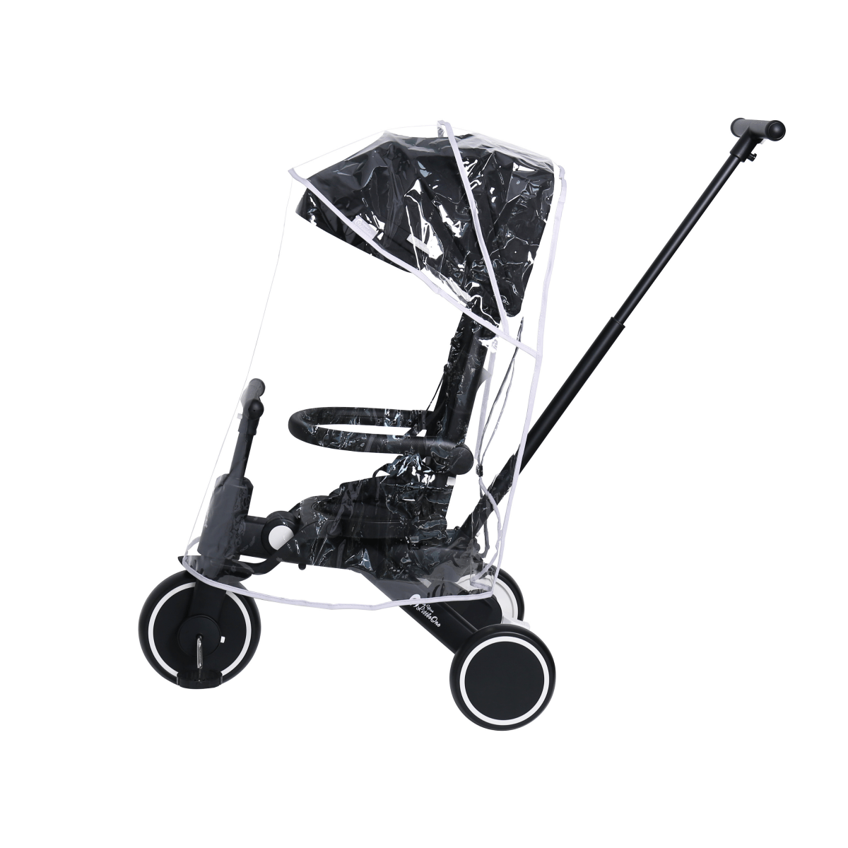 Xplor Ultimate 6 in 1 Foldable Trike in Jet Black shown from the side with transparent rain cover fitted