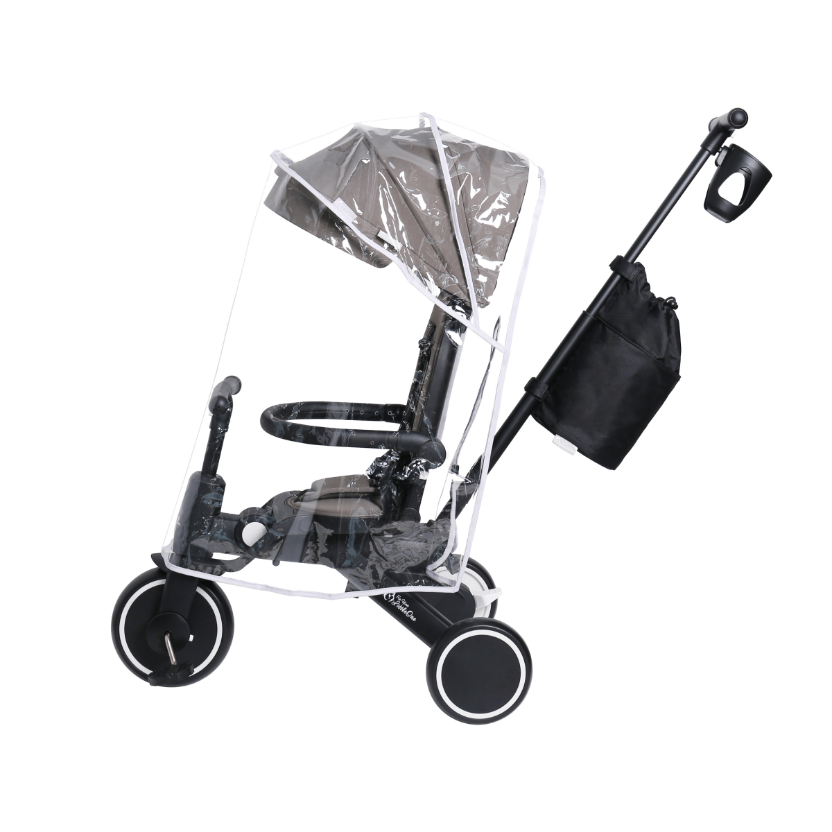 Xplor Ultimate 6 in 1 Foldable Trike in Jet Black with transparent rain cover fitted over the seat