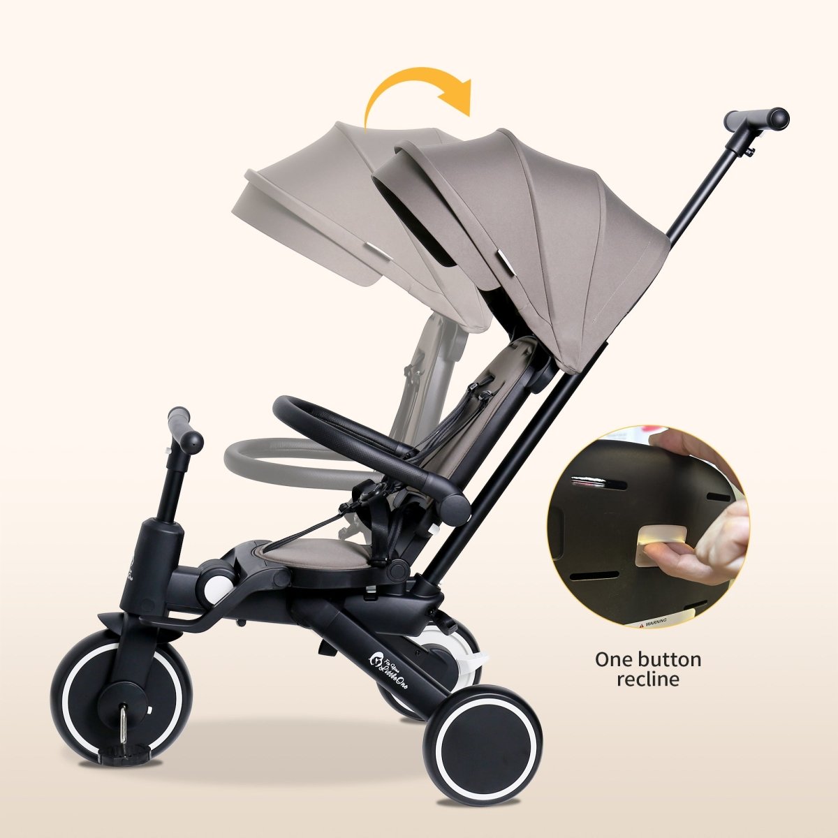 Xplor Ultimate 6 in 1 Foldable Trike in Jet Black demonstrating the adjustable reclining seat