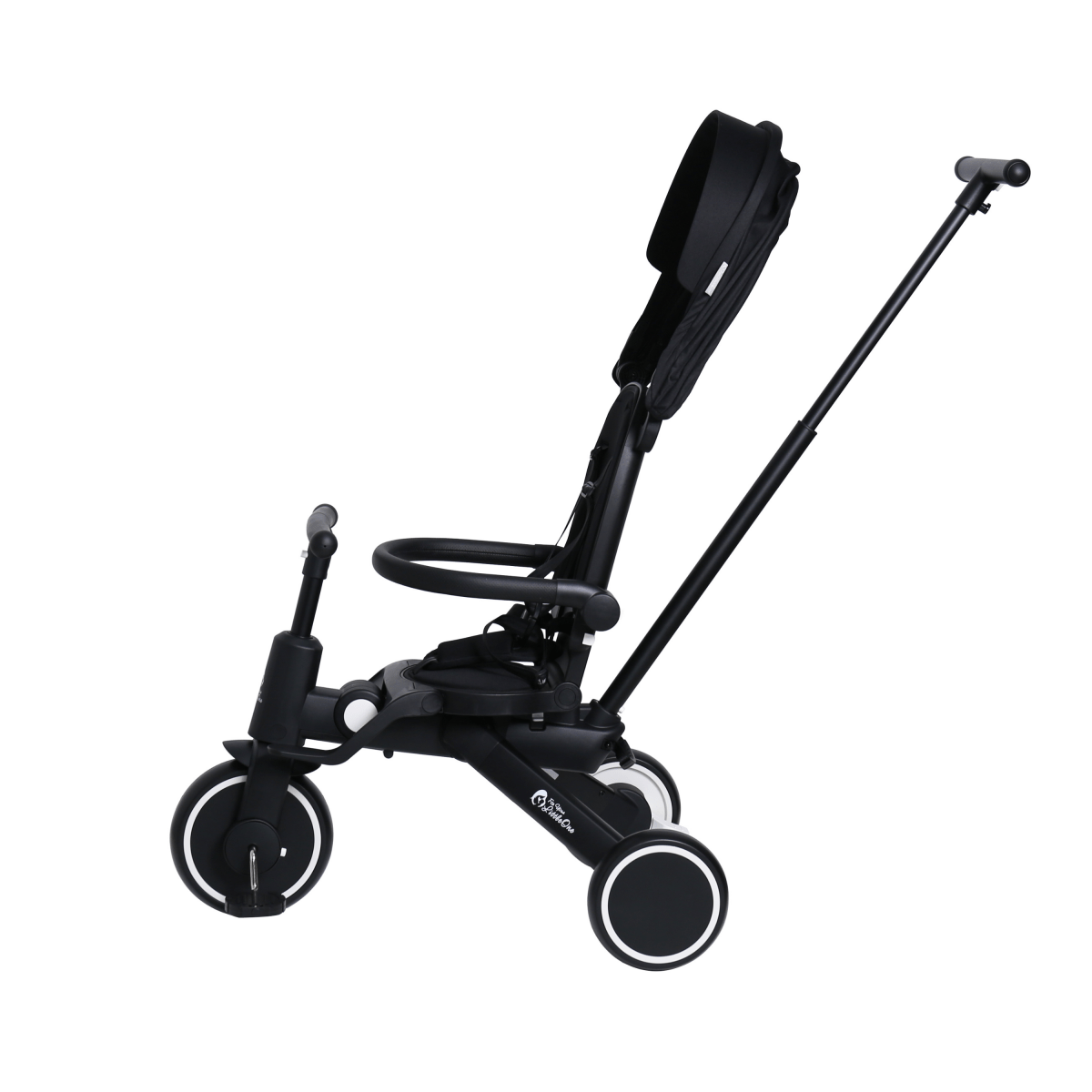 Xplor Ultimate 6 in 1 Foldable Trike in Jet Black shown from the side with seat, canopy and parent handle